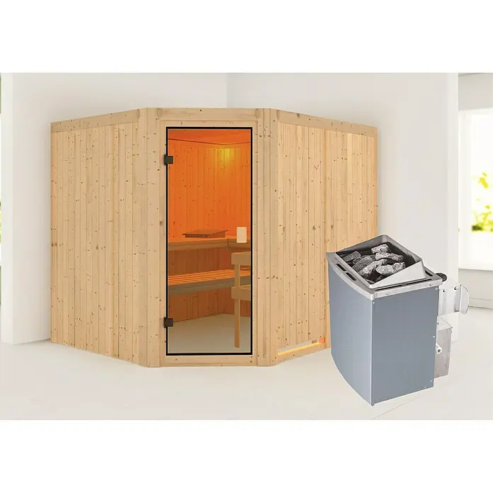 Karibu Elementsauna Horna - Mit 9 kW Saunaofen mit integrierter Steuerung, Ohne Dachkranz, Material Tür: Ganzglas Bronze, 196 x 231 x 198 cm - Vorderansicht