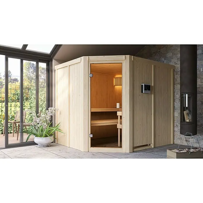 Karibu Elementsauna Horna - Mit 9 kW Saunaofen mit externer Steuerung, Ohne Dachkranz, Material Tür: Ganzglas Bronze, 196 x 231 x 198 cm - Stimmungsaufnahme