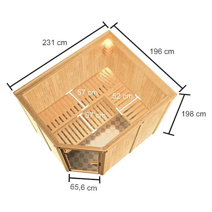 Karibu Elementsauna Horna - Mit 9 kW Saunaofen mit externer Steuerung, Ohne Dachkranz, Material Tür: Ganzglas Bronze, 196 x 231 x 198 cm - Ansicht von oben