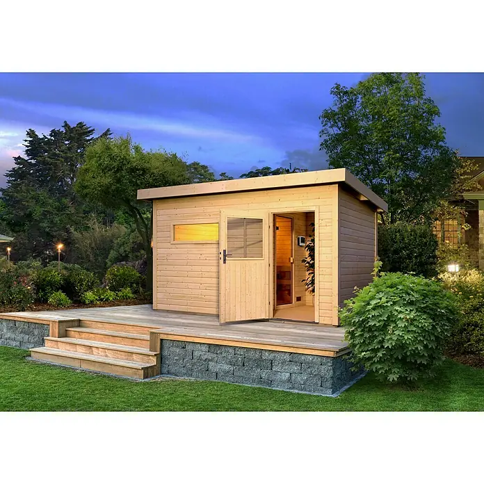 Karibu Saunahaus Suva 3 - Mit 9 kW Saunaofen mit externer Steuerung, 391 x 231 x 239 cm, Natur - Stimmungsaufnahme