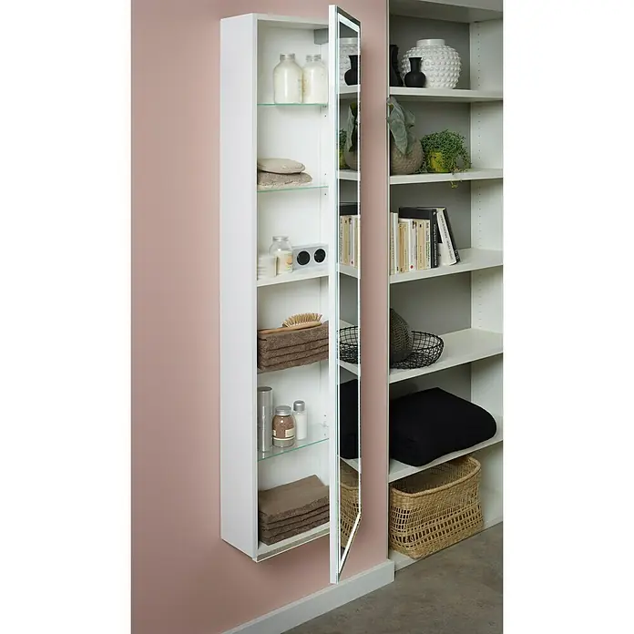Riva Spiegel-Hochschrank Alex - 36 x 16,5 x 155 cm, Mit Beleuchtung, Weiß, Glänzend - Vorderansicht