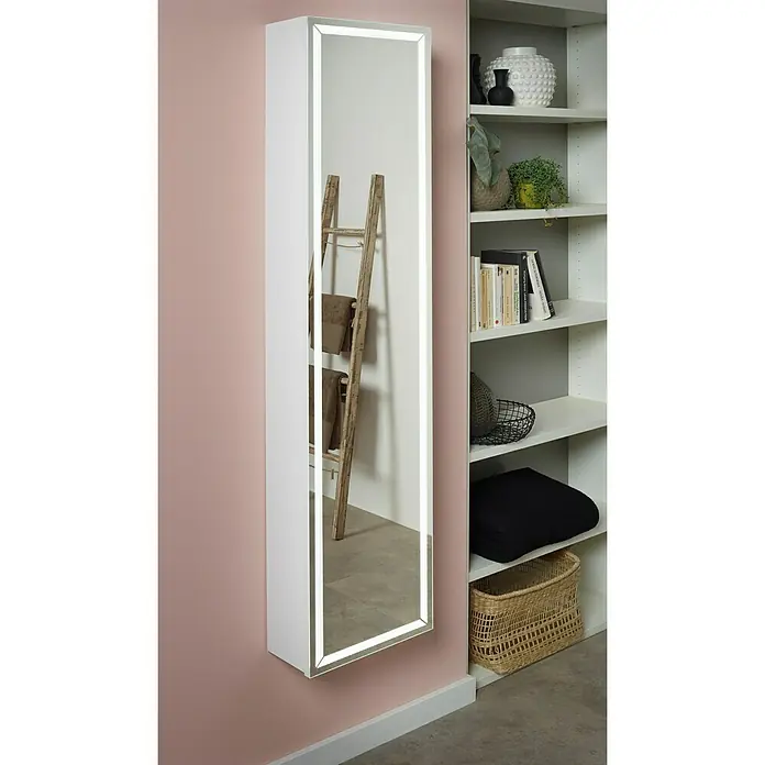 Riva Spiegel-Hochschrank Alex - 36 x 16,5 x 155 cm, Mit Beleuchtung, Weiß, Glänzend - Vorderansicht