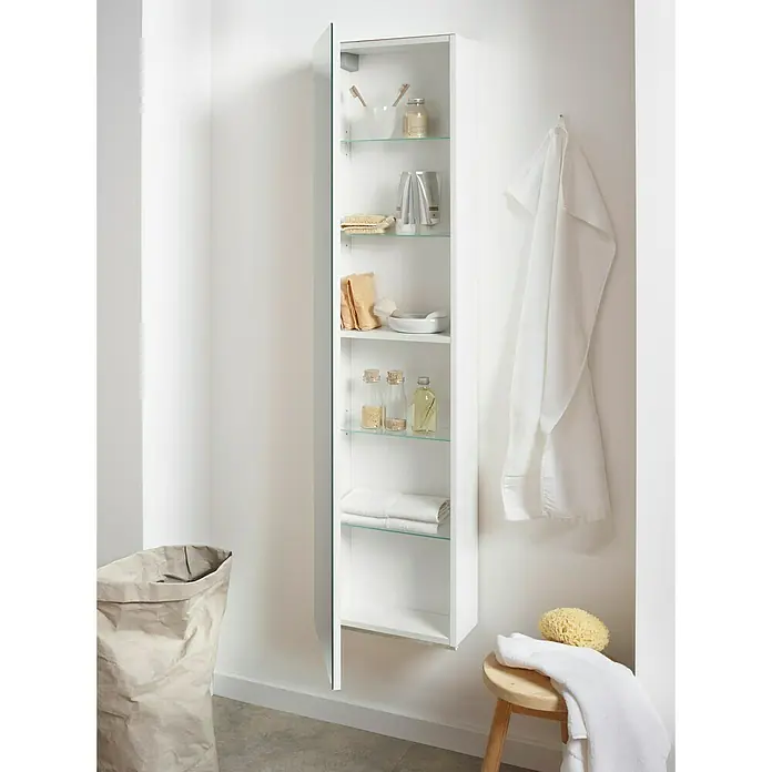 Riva Spiegel-Hochschrank Andy - 36 x 16,5 x 155 cm, 1 Kristallglas-Spiegeltür, Weiß, Glänzend - Vorderansicht