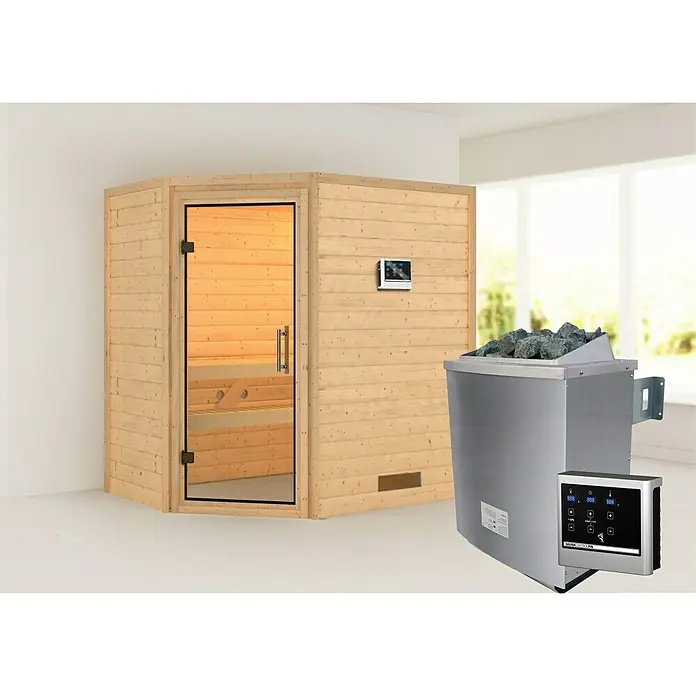 Karibu Massivholzsauna Svea - Mit 4,5 kW Bio-Ofen mit externer Steuerung, Ohne Dachkranz, Material Tür: Ganzglas Klar, 146 x 196 x 198 cm - Vorderansicht