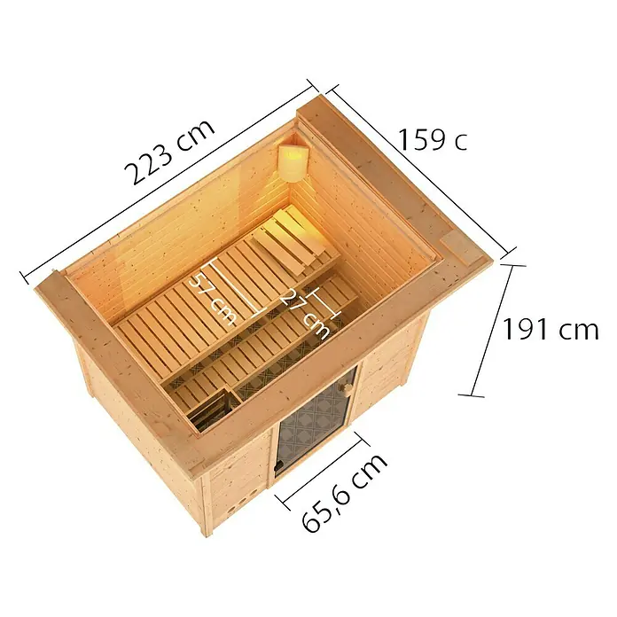 Karibu Massivholzsauna Selena - Mit 4,5 kW Bio-Ofen mit externer Steuerung, Mit Dachkranz und Beleuchtung, Material Tür: Ganzglas Bronze, 159 x 223 x 191 cm - Ansicht von oben