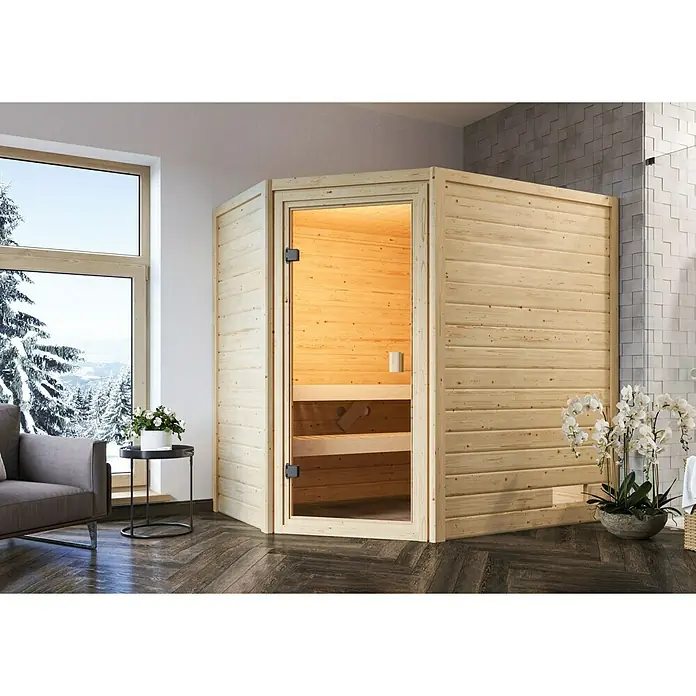 Karibu Massivholzsauna Jella - Ohne Ofen, Ohne Dachkranz, Material Tür: Ganzglas Bronze, 145 x 195 x 187 cm - Stimmungsaufnahme
