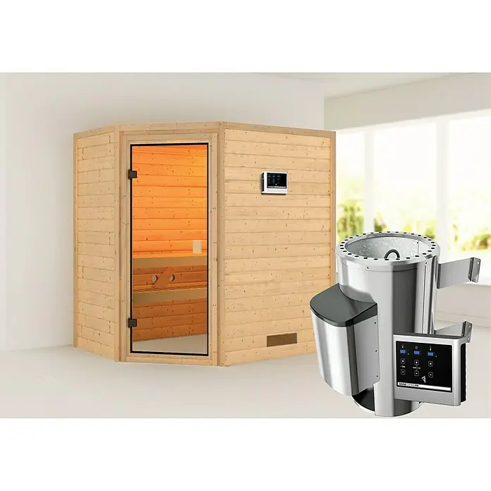 Karibu Massivholzsauna Jella - Mit 3,6 kW Bio-Ofen mit externer Steuerung, Ohne Dachkranz, Material Tür: Ganzglas Bronze, 145 x 195 x 187 cm - Vorderansicht
