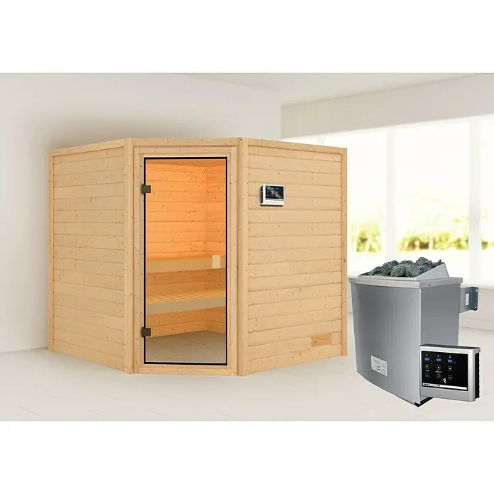 Karibu Massivholzsauna Tilda - Mit 4,5 kW Saunaofen mit externer Steuerung, Ohne Dachkranz, Material Tür: Ganzglas Bronze, 195 x 195 x 187 cm - Vorderansicht