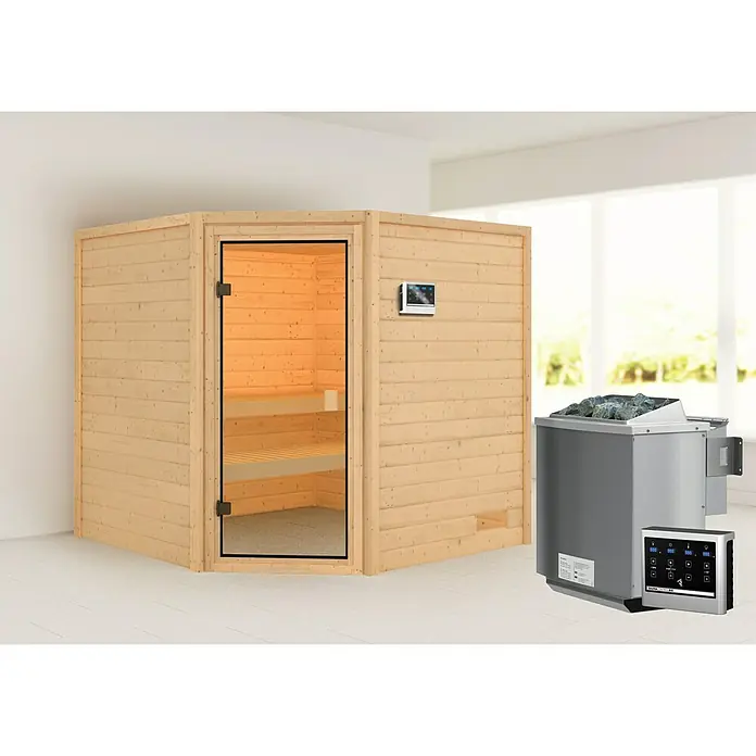 Karibu Massivholzsauna Tilda - Mit 4,5 kW Bio-Ofen mit externer Steuerung, Ohne Dachkranz, Material Tür: Ganzglas Bronze, 195 x 195 x 187 cm - Vorderansicht