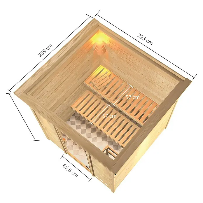 Karibu Massivholzsauna Jara - Mit 4,5 kW Saunaofen mit externer Steuerung, Mit Dachkranz und Beleuchtung, Material Tür: Ganzglas Bronze, 209 x 223 x 191 cm - Ansicht von oben