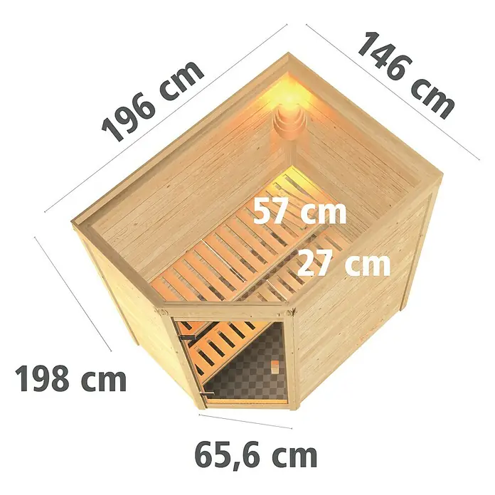 Karibu Massivholzsauna Svea - Ohne Ofen, Ohne Dachkranz, Material Tür: Ganzglas Graphit, 146 x 196 x 198 cm - Ansicht von oben
