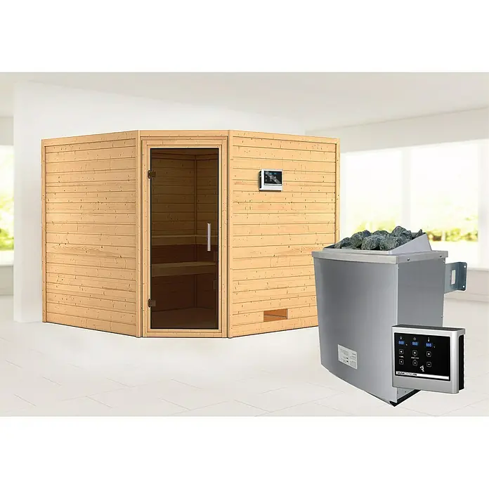 Karibu Massivholzsauna Leona - Mit 9 kW Saunaofen mit externer Steuerung, Ohne Dachkranz, Material Tür: Ganzglas Graphit, 231 x 231 x 198 cm - Vorderansicht