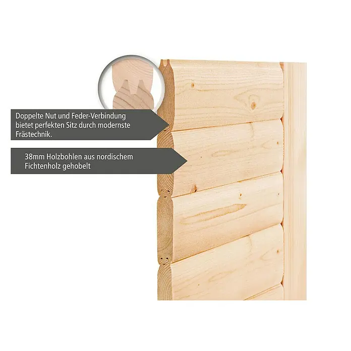Karibu Massivholzsauna Leona - Mit 9 kW Saunaofen mit externer Steuerung, Ohne Dachkranz, Material Tür: Ganzglas Graphit, 231 x 231 x 198 cm - Detailaufnahme