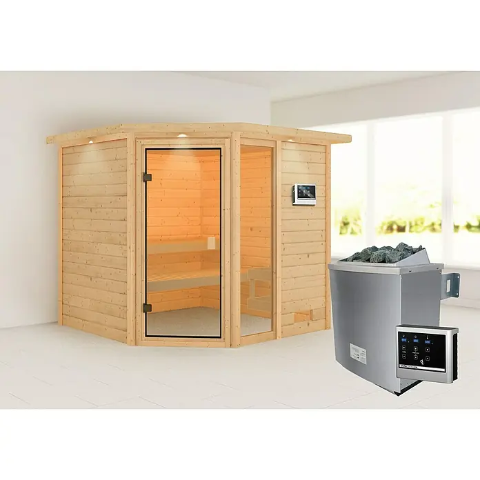 Karibu Massivholzsauna Tabea - Mit 9 kW Saunaofen mit externer Steuerung, Mit Dachkranz und Beleuchtung, Material Tür: Ganzglas Bronze, 210 x 224 x 191 cm - Vorderansicht
