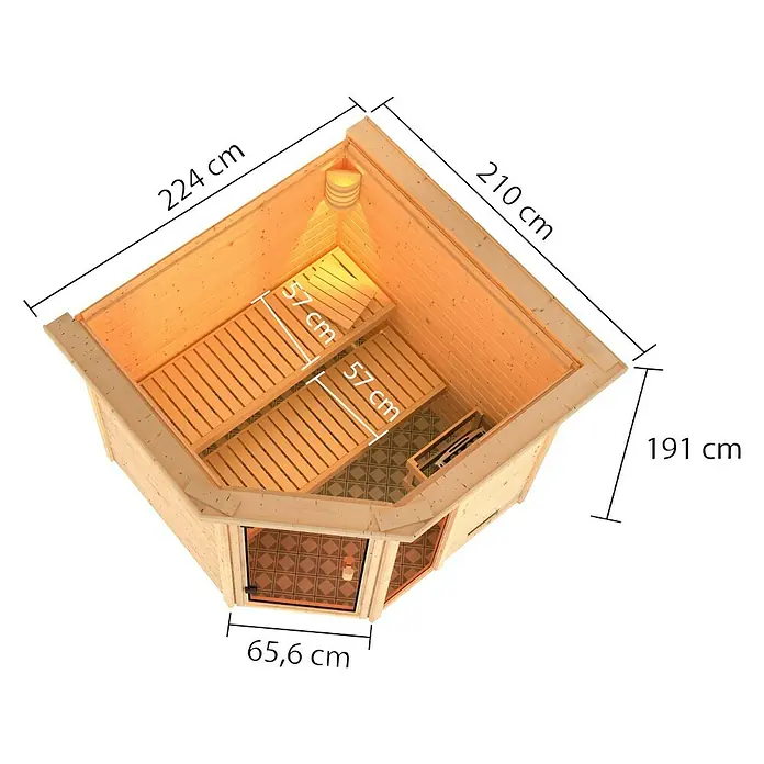 Karibu Massivholzsauna Tabea - Mit 9 kW Saunaofen mit externer Steuerung, Mit Dachkranz und Beleuchtung, Material Tür: Ganzglas Bronze, 210 x 224 x 191 cm - Ansicht von oben