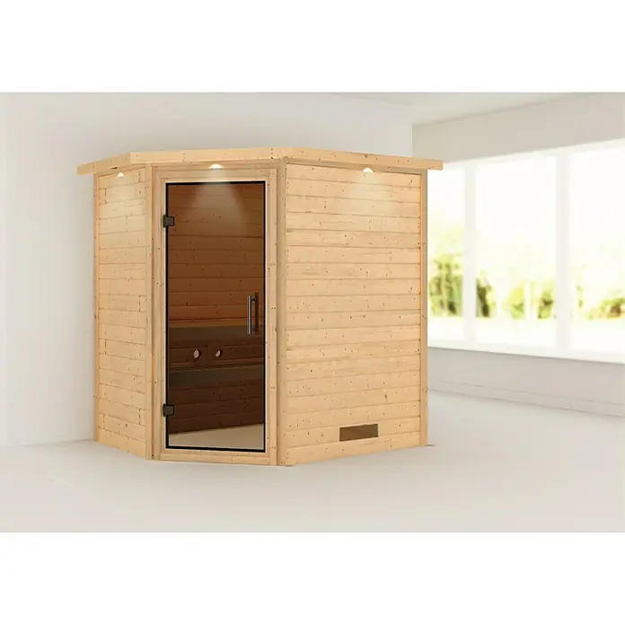 Karibu Massivholzsauna Svea - Mit 4,5 kW Saunaofen mit integrierter Steuerung, Mit Dachkranz und Beleuchtung, Material Tür: Ganzglas Graphit, 160 x 224 x 202 cm - Vorderansicht
