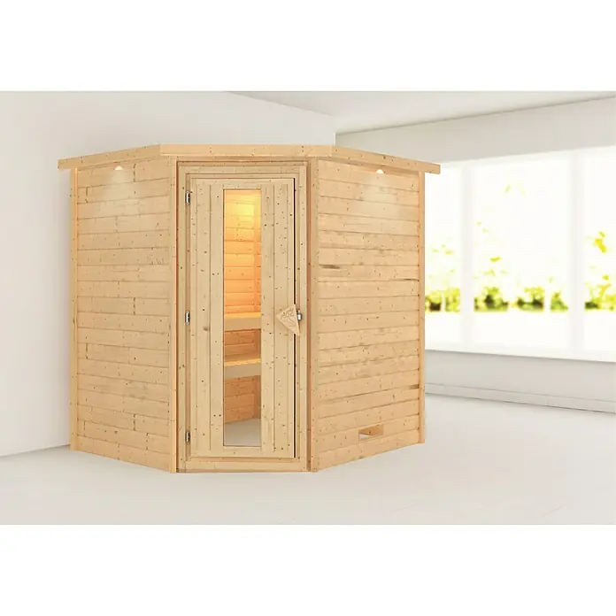 Karibu Massivholzsauna Mia - Mit 4,5 kW Saunaofen mit integrierter Steuerung, Mit Dachkranz und Beleuchtung, Material Tür: Massivholz, 184 x 224 x 202 cm - Vorderansicht
