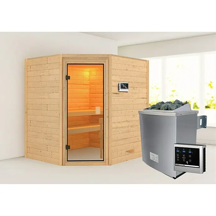 Karibu Massivholzsauna Mia - Mit 4,5 kW Bio-Ofen mit externer Steuerung, Ohne Dachkranz, Material Tür: Ganzglas Bronze, 170 x 196 x 198 cm - Vorderansicht