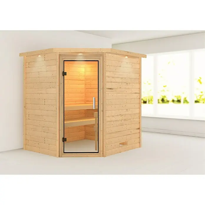 Karibu Massivholzsauna Mia - Ohne Ofen, Mit Dachkranz und Beleuchtung, Material Tür: Ganzglas Klar, 184 x 224 x 202 cm - Vorderansicht