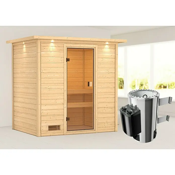 Karibu Massivholzsauna Selena - Mit 3,6 kW Saunaofen mit integrierter Steuerung, Mit Dachkranz und Beleuchtung, Material Tür: Ganzglas Bronze, 159 x 223 x 191 cm - Rechte Seitenansicht