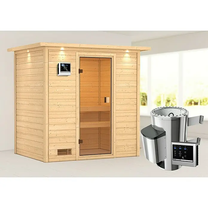 Karibu Massivholzsauna Selena - Mit 3,6 kW Ofen mit externer Steuerung, Mit Dachkranz und Beleuchtung, Material Tür: Ganzglas Bronze, 159 x 223 x 191 cm - Rechte Seitenansicht