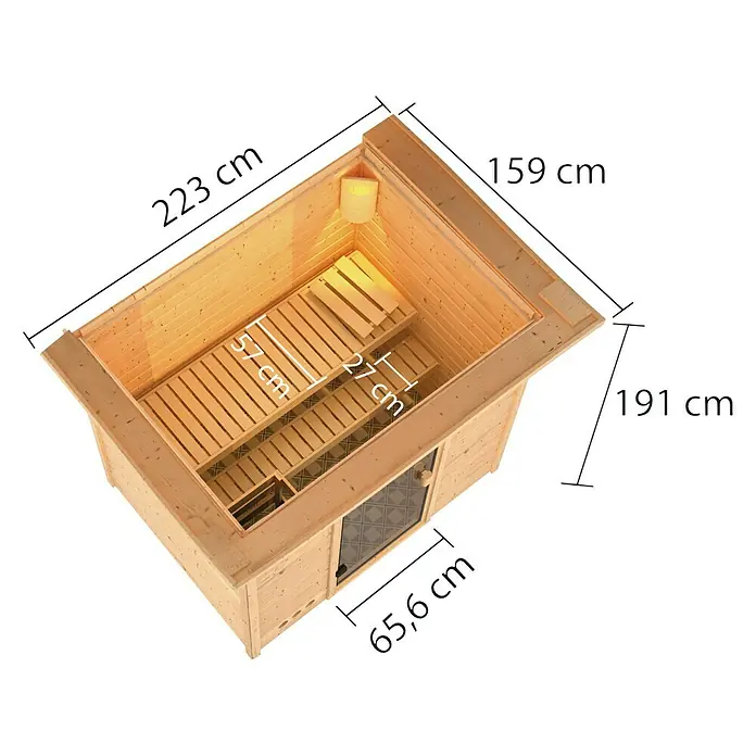 Karibu Massivholzsauna Selena - Mit 3,6 kW Ofen mit externer Steuerung, Mit Dachkranz und Beleuchtung, Material Tür: Ganzglas Bronze, 159 x 223 x 191 cm - Ansicht von oben