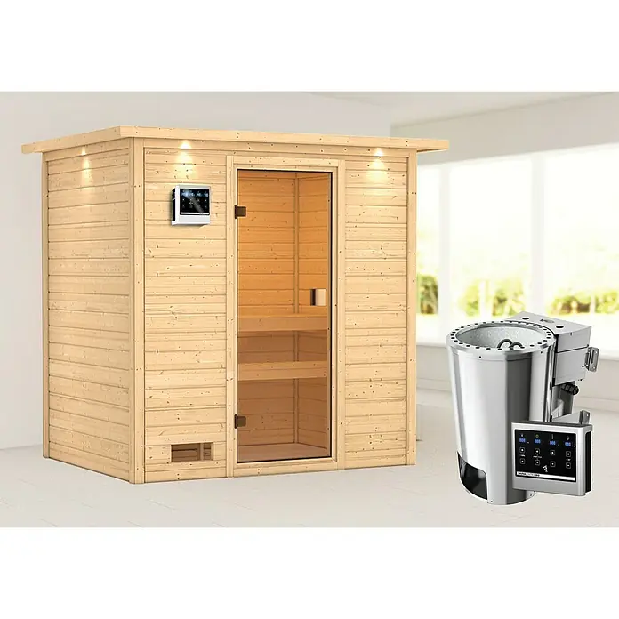 Karibu Massivholzsauna Selena - Mit 3,6 kW Bio-Ofen mit externer Steuerung, Mit Dachkranz und Beleuchtung, Material Tür: Ganzglas Bronze, 159 x 223 x 191 cm - Rechte Seitenansicht