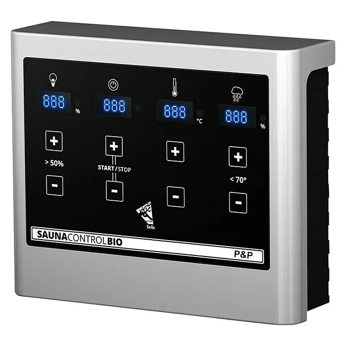 Karibu Massivholzsauna Selena - Mit 3,6 kW Bio-Ofen mit externer Steuerung, Mit Dachkranz und Beleuchtung, Material Tür: Ganzglas Bronze, 159 x 223 x 191 cm