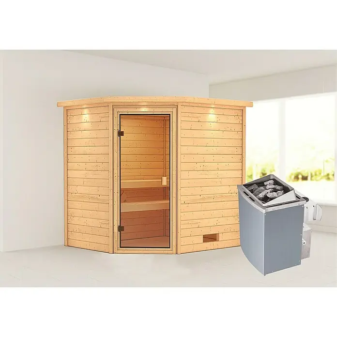 Karibu Massivholzsauna Elea - Mit 4,5 kW Saunaofen mit integrierter Steuerung, Mit Dachkranz und Beleuchtung, Material Tür: Ganzglas Bronze, 183 x 223 x 191 cm - Vorderansicht