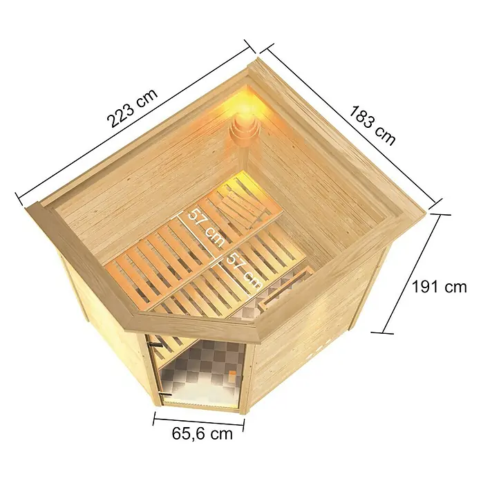 Karibu Massivholzsauna Elea - Mit 4,5 kW Saunaofen mit integrierter Steuerung, Mit Dachkranz und Beleuchtung, Material Tür: Ganzglas Bronze, 183 x 223 x 191 cm - Ansicht von oben