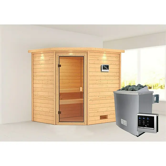 Karibu Massivholzsauna Elea - Mit 4,5 kW Saunaofen mit externer Steuerung, Mit Dachkranz und Beleuchtung, Material Tür: Ganzglas Bronze, 183 x 223 x 191 cm - Vorderansicht