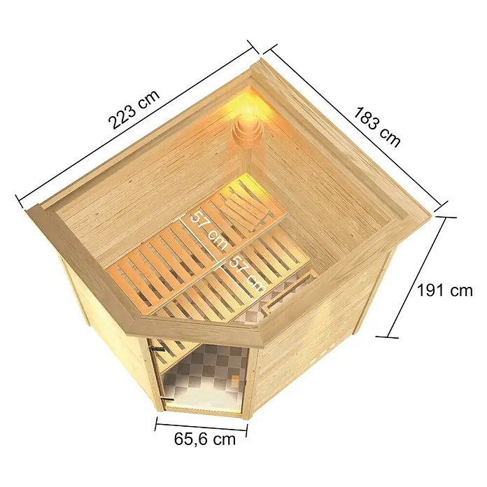 Karibu Massivholzsauna Elea - Mit 4,5 kW Saunaofen mit externer Steuerung, Mit Dachkranz und Beleuchtung, Material Tür: Ganzglas Bronze, 183 x 223 x 191 cm - Ansicht von oben