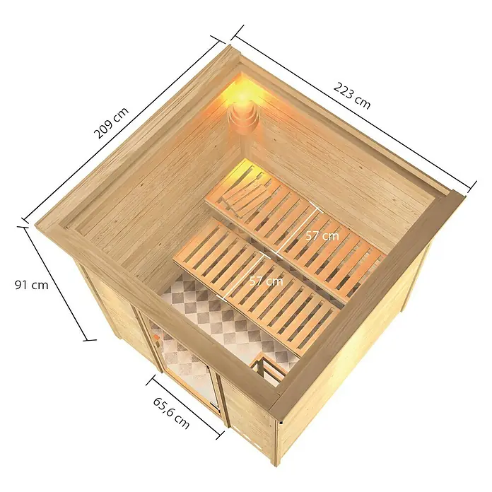 Karibu Massivholzsauna Jara - Mit 4,5 kW Saunaofen mit integrierter Steuerung, Mit Dachkranz und Beleuchtung, Material Tür: Ganzglas Bronze, 209 x 223 x 191 cm - Ansicht von oben