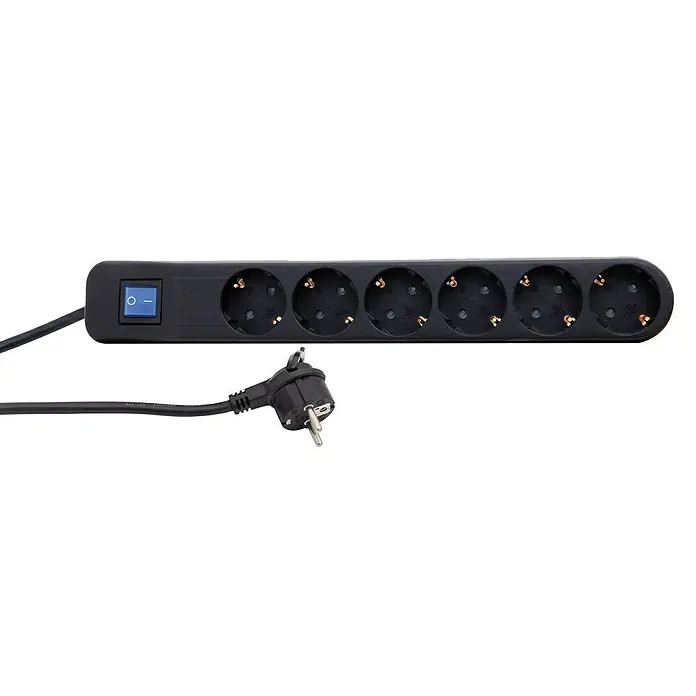 REV Produžni kabel s utičnicama - 6-struko, Crno-sive boje, Dužina kabela: 1,4 m, 3.500 W, Prekidač za uključivanje / isključivanje - Pogled sprijeda