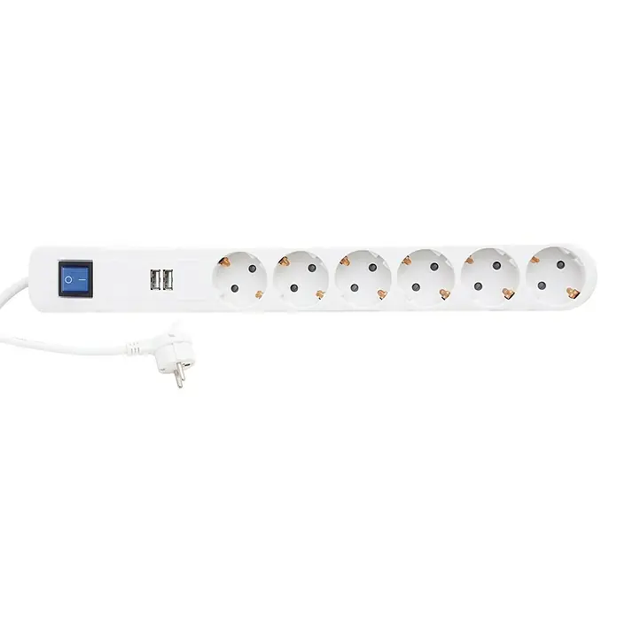 REV Steckdosenleiste - 6-fach, Weiß/Grau, Kabellänge: 1,4 m, 2 USB-Anschlüsse - Vorderansicht