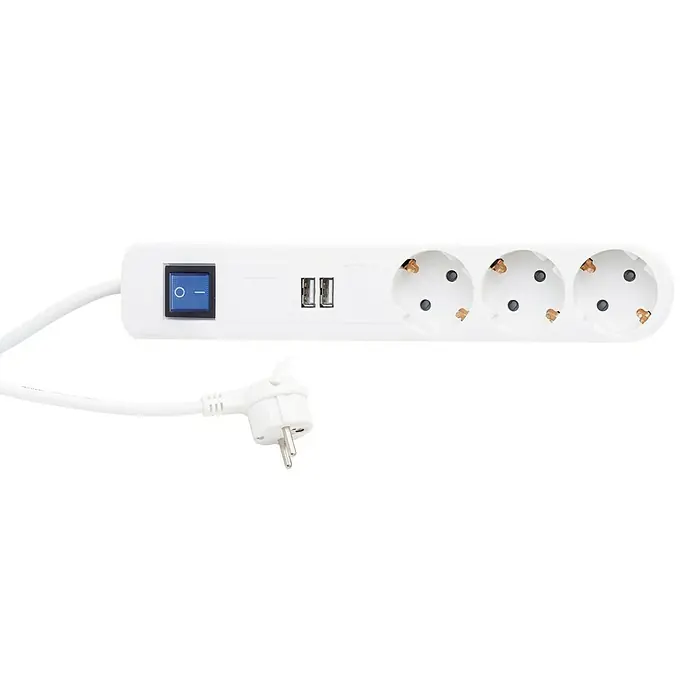 REV Steckdosenleiste - 3-fach, Weiß/Grau, Kabellänge: 1,4 m, 2 USB-Anschlüsse - Vorderansicht