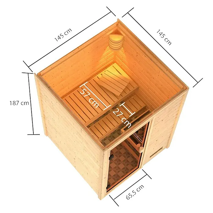 Karibu Massivholzsauna Sandra - Mit 4,5 kW Saunaofen mit integrierter Steuerung, Ohne Dachkranz, Material Tür: Ganzglas Bronze, 145 x 145 x 187 cm - Ansicht von oben