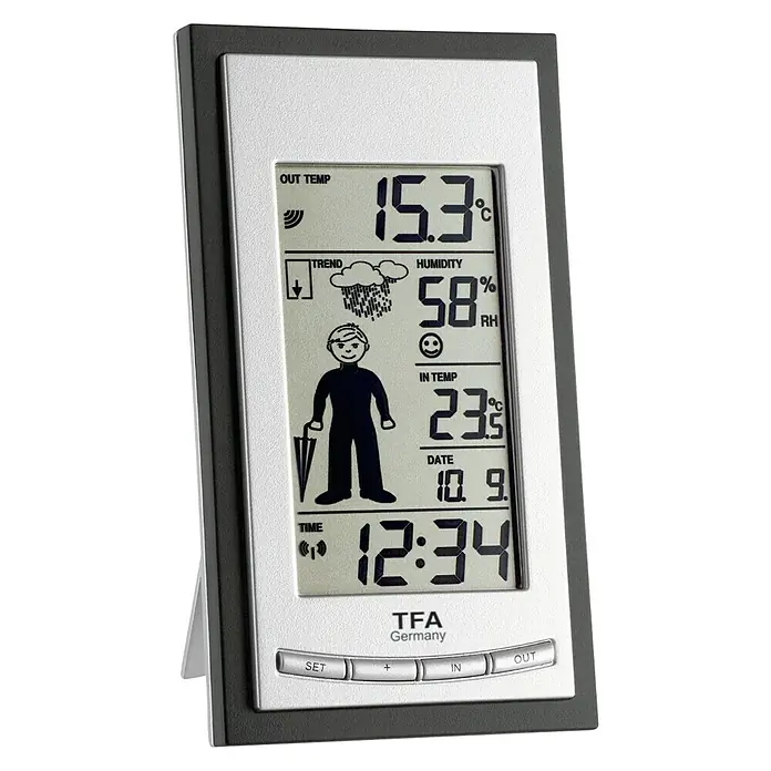 TFA Dostmann Draadloos weerstation - Werkt op batterijen, Zwart, Zilver, 8,1 x 3,3 x 14,4 cm - Zijaanzicht links