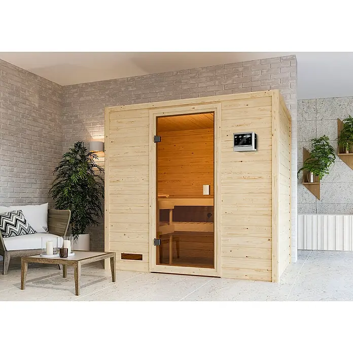 Karibu Massivholzsauna Selena - Mit 4,5 kW Saunaofen mit externer Steuerung, Ohne Dachkranz, Material Tür: Ganzglas Bronze, 145 x 195 x 187 cm - Stimmungsaufnahme
