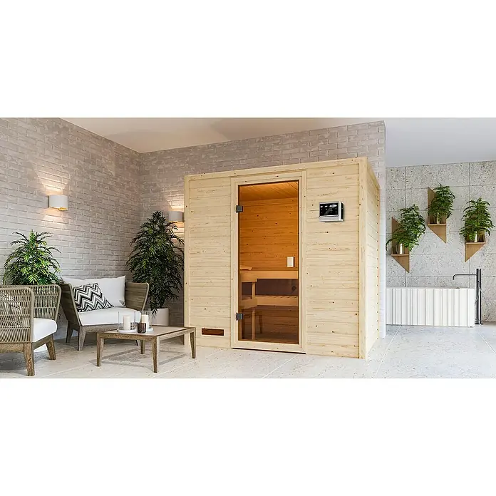 Karibu Massivholzsauna Selena - Mit 4,5 kW Bio-Ofen mit externer Steuerung, Ohne Dachkranz, Material Tür: Ganzglas Bronze, 145 x 195 x 187 cm - Stimmungsaufnahme