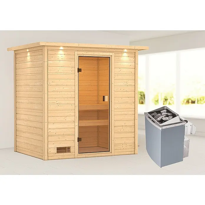 Karibu Massivholzsauna Selena - Mit 4,5 kW Saunaofen mit integrierter Steuerung, Mit Dachkranz und Beleuchtung, Material Tür: Ganzglas Bronze, 159 x 223 x 191 cm - Stimmungsaufnahme