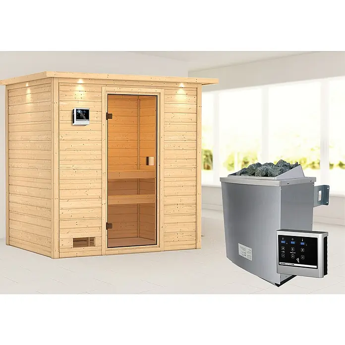 Karibu Massivholzsauna Selena - Mit 4,5 kW Saunaofen mit externer Steuerung, Mit Dachkranz und Beleuchtung, Material Tür: Ganzglas Bronze, 159 x 223 x 191 cm - Stimmungsaufnahme