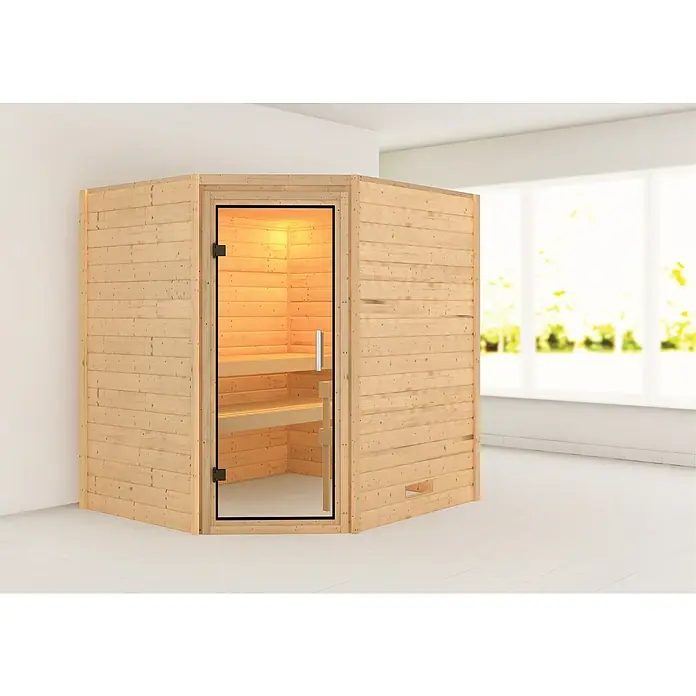 Karibu Massivholzsauna Mia - Mit 4,5 kW Saunaofen mit integrierter Steuerung, Ohne Dachkranz, Material Tür: Ganzglas Klar, 170 x 196 x 198 cm - Stimmungsaufnahme
