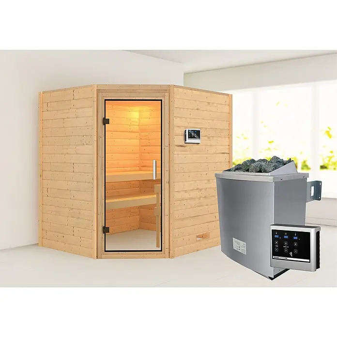 Karibu Massivholzsauna Mia - Mit 4,5 kW Bio-Ofen mit externer Steuerung, Ohne Dachkranz, Material Tür: Ganzglas Klar, 170 x 196 x 198 cm - Stimmungsaufnahme