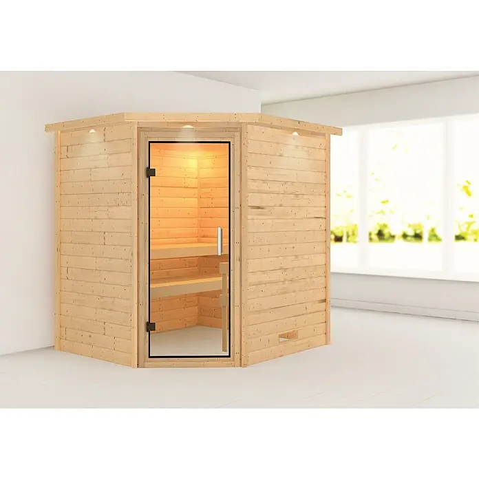 Karibu Massivholzsauna Mia - Mit 4,5 kW Saunaofen mit integrierter Steuerung, Mit Dachkranz und Beleuchtung, Material Tür: Ganzglas Klar, 184 x 224 x 202 cm - Stimmungsaufnahme
