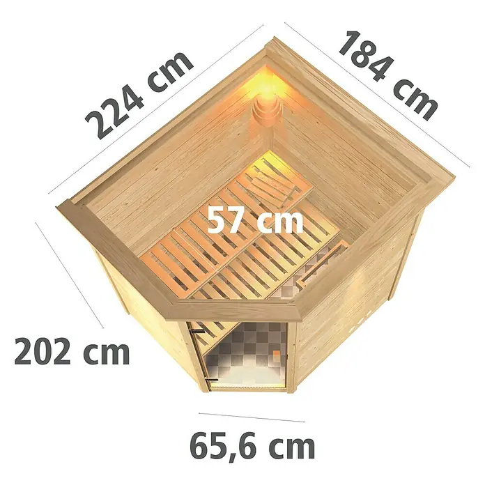 Karibu Massivholzsauna Mia - Mit 4,5 kW Saunaofen mit integrierter Steuerung, Mit Dachkranz und Beleuchtung, Material Tür: Ganzglas Klar, 184 x 224 x 202 cm - Ansicht von oben
