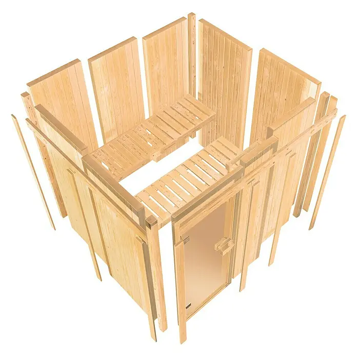Karibu Elementsauna Oulu - Mit 9 kW Saunaofen mit integrierter Steuerung, Ohne Dachkranz, Material Tür: Ganzglas Bronze, 196 x 196 x 198 cm - Ansicht von oben