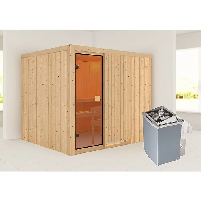 Karibu Elementsauna Nybro - Mit 9 kW Saunaofen mit integrierter Steuerung, Ohne Dachkranz, Material Tür: Ganzglas Bronze, 196 x 231 x 198 cm - Stimmungsaufnahme