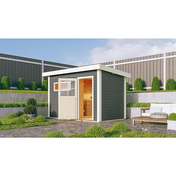 Karibu Saunahaus Suva 1 - Mit 9 kW Saunaofen mit externer Steuerung, 196 x 337 x 228 cm, Terragrau - Stimmungsaufnahme