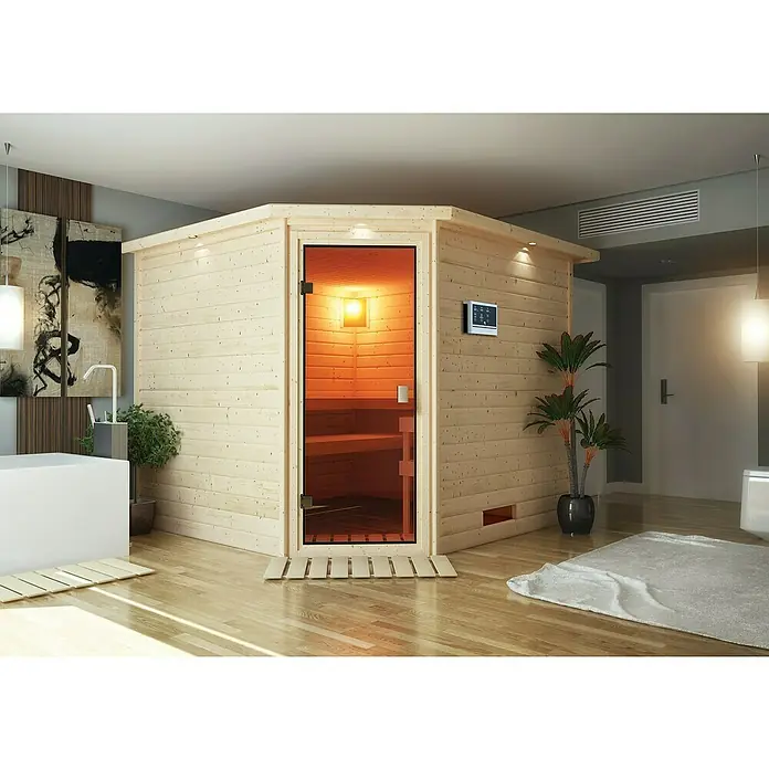 Karibu Massivholzsauna Leona - Mit 9 kW Saunaofen mit externer Steuerung, Mit Dachkranz und Beleuchtung, Material Tür: Ganzglas Bronze, 245 x 259 x 202 cm - Stimmungsaufnahme